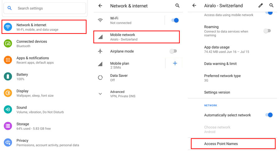 Network settings and access points (APN)